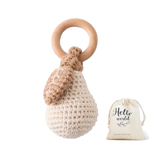Wooden Teether Crochet Baby Rattle with Pear