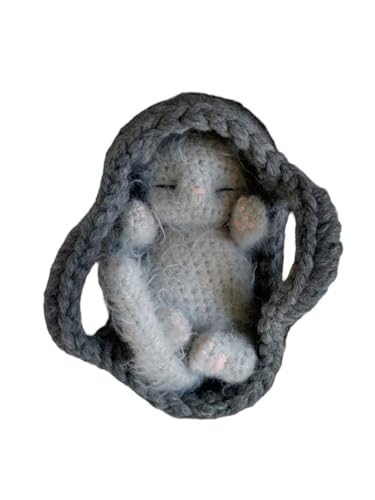 Fluffy Sleeping Kitten Grey Toy - Newborn Cat in Basket