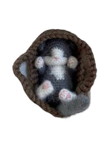 Fluffy Sleeping Kitten Dark Grey Crochet Toy for Toddlers