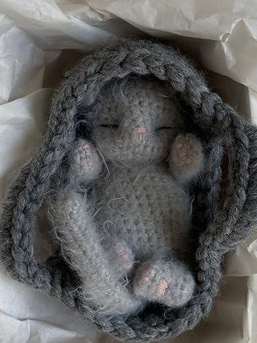 Fluffy Sleeping Kitten Grey Toy - Newborn Cat in Basket