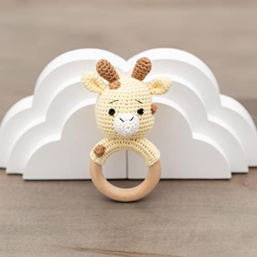 Handmade Cotton Giraffe Rattler with Wooden Handle