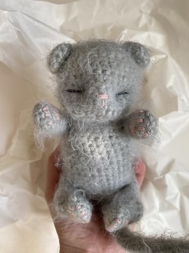 Fluffy Sleeping Kitten Grey Toy Crib Safe Crochet Kitten