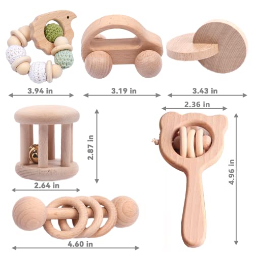 6 Pieces Wooden Baby Rattle Toy Set for 0-6 Months