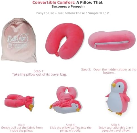 BelkVilo 2-in-1 Plush Penguin Travel Pillow Medium 122 in Pink