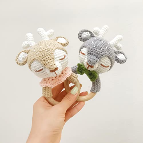 Bunny - Beige Reindeer Rattle Handmade Woolen Toy