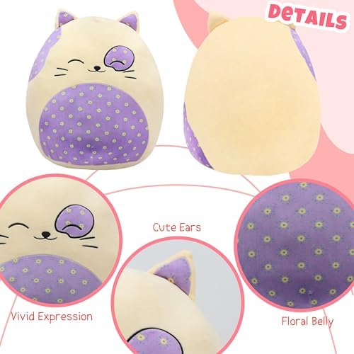 20-Inch Cute Cat Plush Pillow with Floral Belly