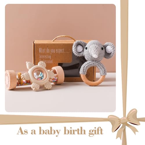 Youuys Wooden Baby Rattle Set 3pcs Gray Elephant