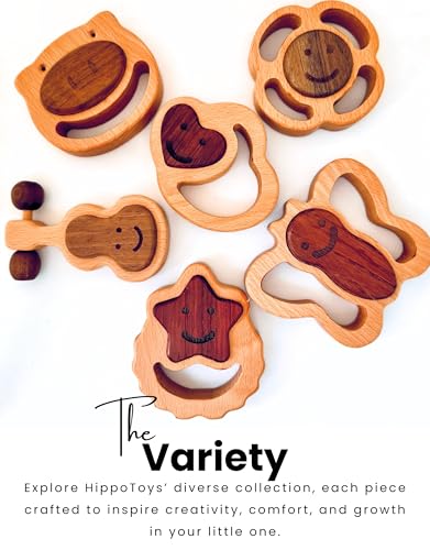 HippoToys Wooden Baby Rattle - Handmade 0-12 Months