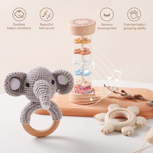 Youuys Wooden Baby Rattle Set 3pcs Gray Elephant