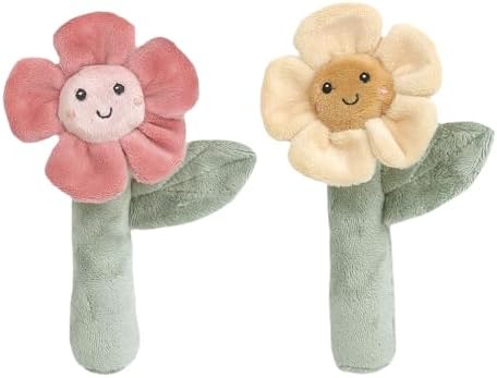 MON AMI Flower Rattle Set of 2 6 Inch Soft Plush Toys