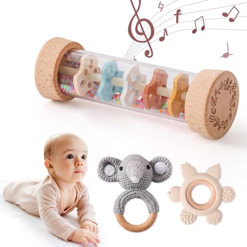 Youuys Wooden Baby Rattle Set 3pcs Gray Elephant