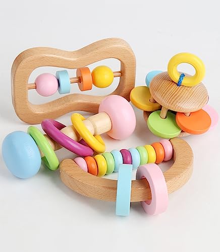 Montessori Wooden Rattle Teether Play Kit for Babies 0-12 Months