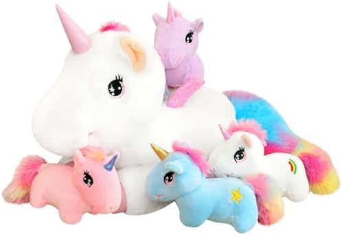 SQEQE Rainbow Unicorn Plush Pillow with 4 Baby Friends