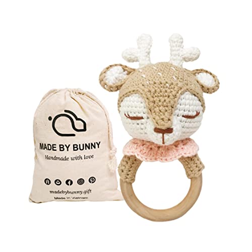 Bunny - Beige Reindeer Rattle Handmade Woolen Toy