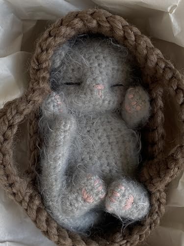 Fluffy Sleeping Kitten Grey Toy Crib Safe Crochet Kitten