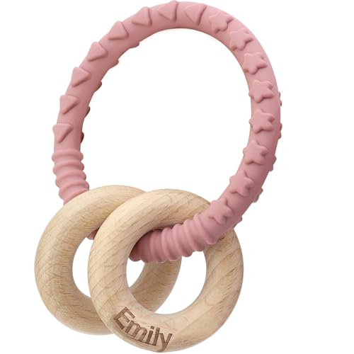 Personalized Name Baby Rattle Teether Ring Pink