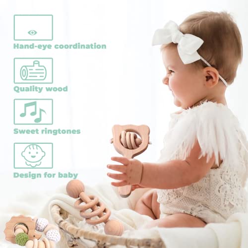 6 Pieces Wooden Baby Rattle Toy Set for 0-6 Months