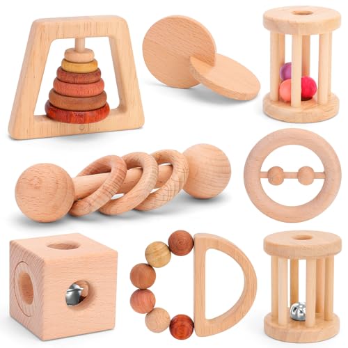 Drocoge 8-Piece Wooden Baby Rattle Set for 0-12 Months