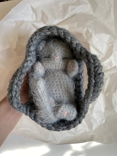 Fluffy Sleeping Kitten Grey Toy - Newborn Cat in Basket