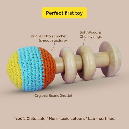 Shumee 5 Inch Crochet Wooden Baby Rattle for Newborn