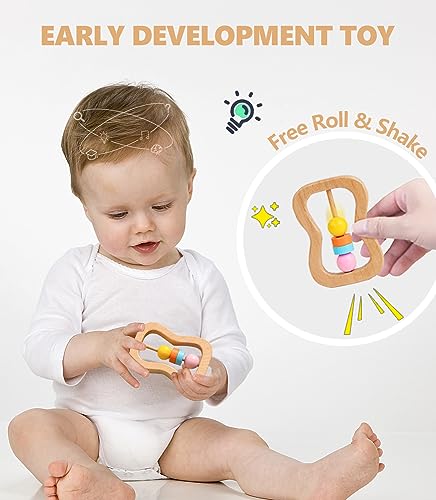 Montessori Wooden Rattle Teether Play Kit for Babies 0-12 Months
