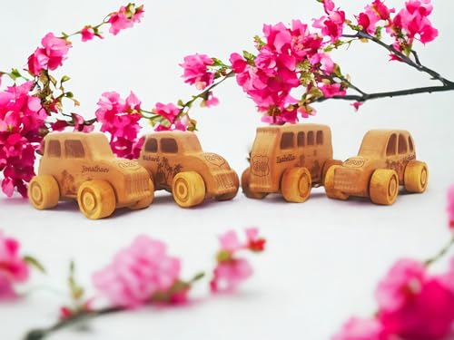 JOLLY WOODPECKER Personalized 4pcs Wooden Toy Cars for Toddlers 1-3