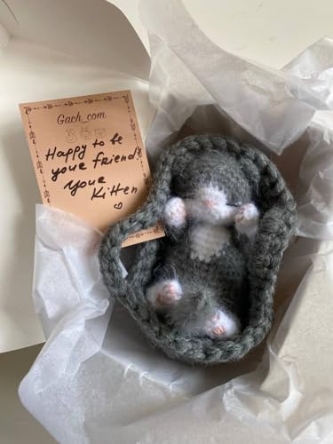 Fluffy Sleeping Kitten Dark Grey Crochet Toy for Toddlers