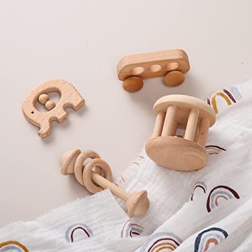 Organic Wooden Baby Rattle Montessori Bell Roller Toy