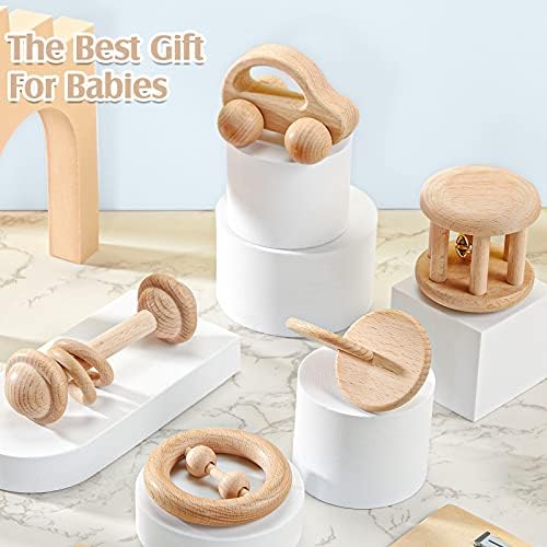 Zhanmai 5-Piece Wooden Baby Toys with Bells and Rattles