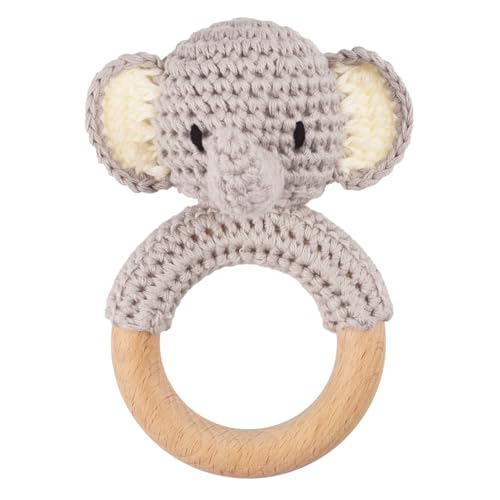Joliecraft Gray Elephant Wooden Baby Rattle with Teether