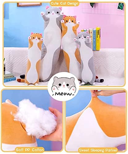 Cute Gray Cat Plush Long Body Pillow - 35 Inches Cuddle Toy