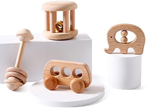 Organic Wooden Baby Rattle Montessori Bell Roller Toy