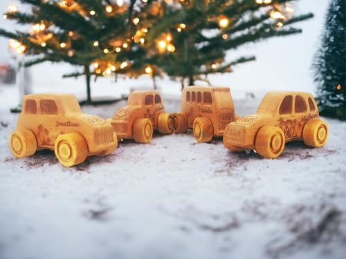JOLLY WOODPECKER Personalized 4pcs Wooden Toy Cars for Toddlers 1-3