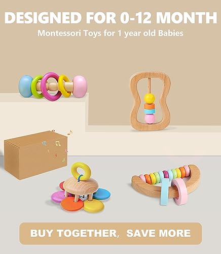 Montessori Wooden Rattle Teether Play Kit for Babies 0-12 Months