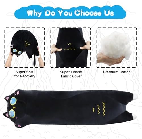 Sprinqdawin Long Black Cat Plush Pillow 355 Cuddly Weighted Stuffed Animal