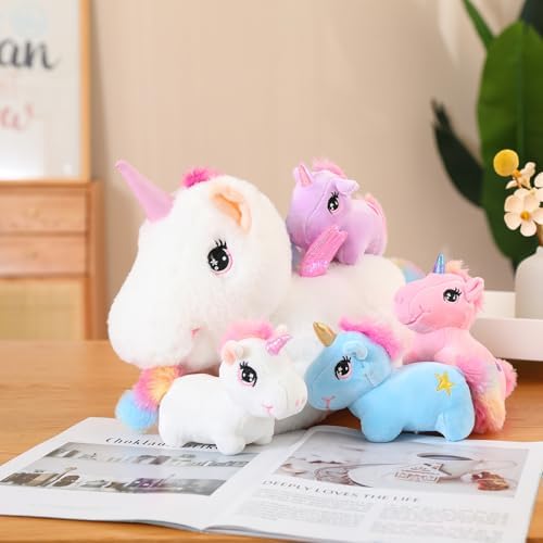 SQEQE Rainbow Unicorn Plush Pillow with 4 Baby Friends