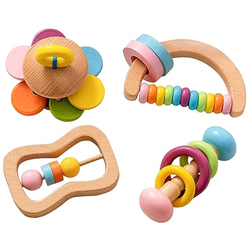 Montessori Wooden Rattle Teether Play Kit for Babies 0-12 Months