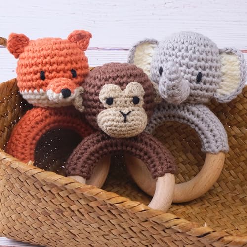 Joliecraft Gray Elephant Wooden Baby Rattle with Teether