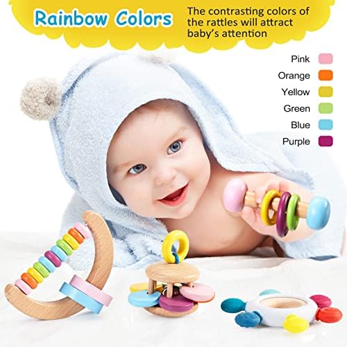 Chivao 4 Pcs Wooden Baby Rattle Set