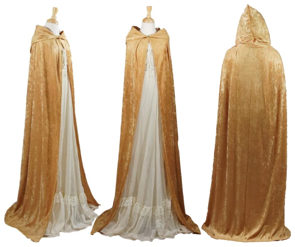 Gold Crushed Velvet Full Length Hooded Cape for All Sizes