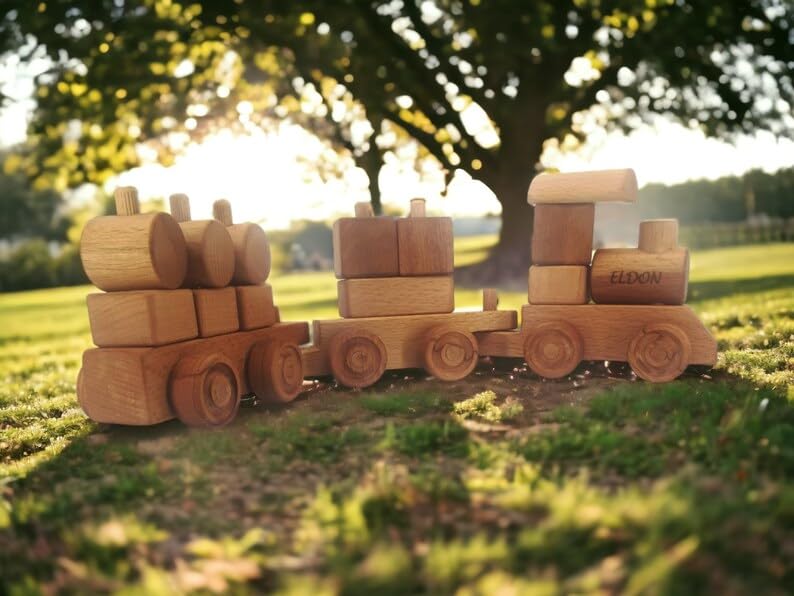 JOLLY WOODPECKER Personalized Wooden Stacking Train Set for Toddlers