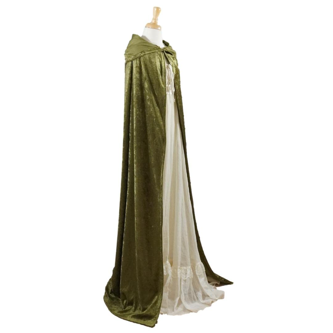 Olive Crushed Velvet Full Length Hooded Cape for All Sizes