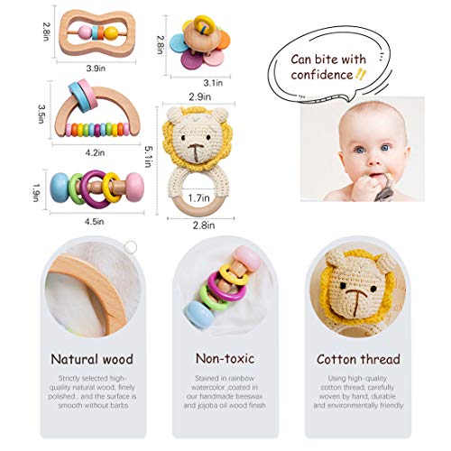 Wooden Baby Rattle Set 5PCS Montessori Toys for Newborn Infant