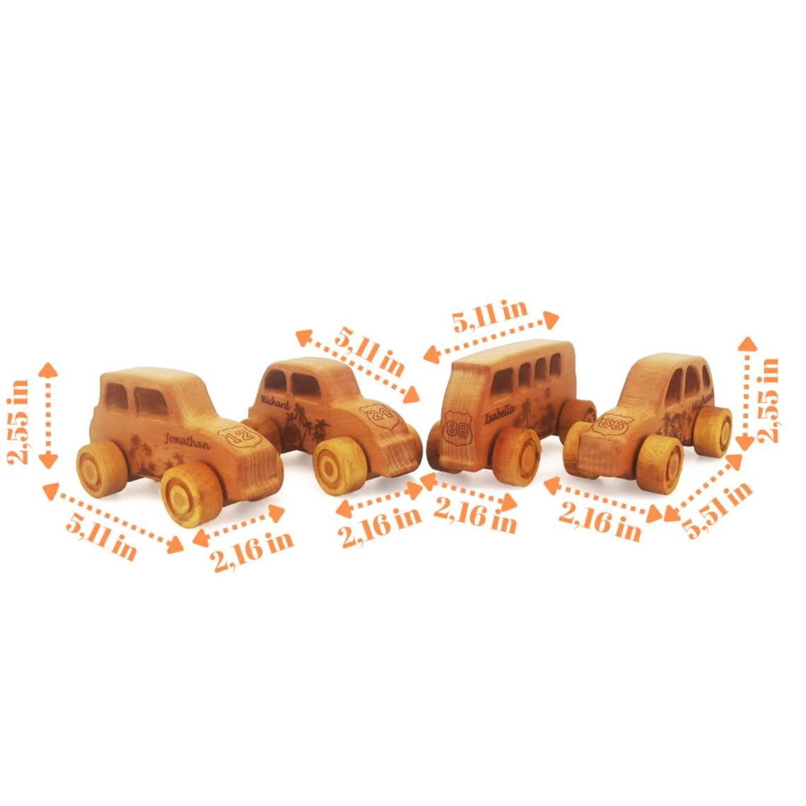 JOLLY WOODPECKER Personalized 4pcs Wooden Toy Cars for Toddlers 1-3