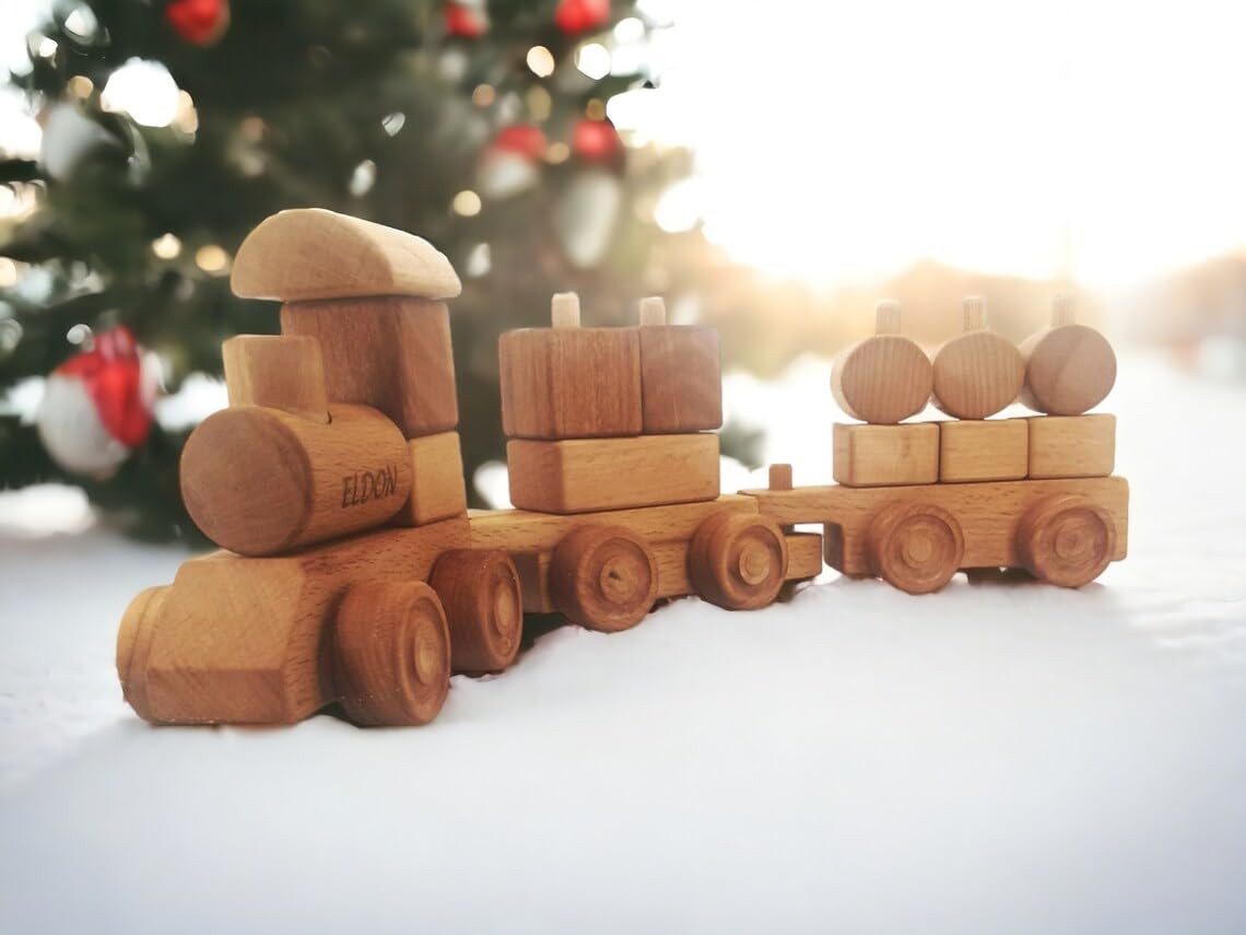 JOLLY WOODPECKER Personalized Wooden Stacking Train Set for Toddlers