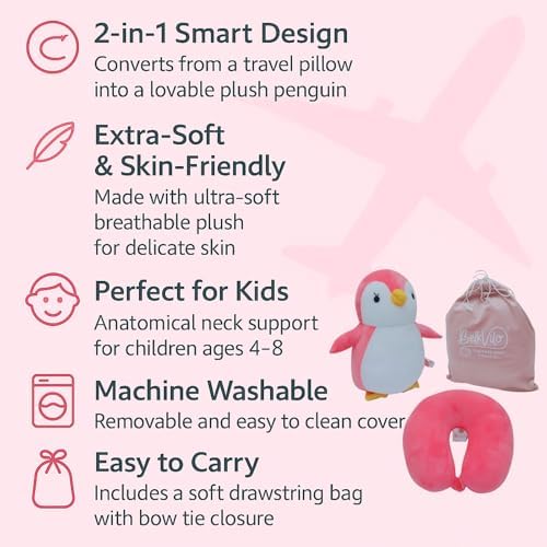 BelkVilo 2-in-1 Plush Penguin Travel Pillow Medium 122 in Pink