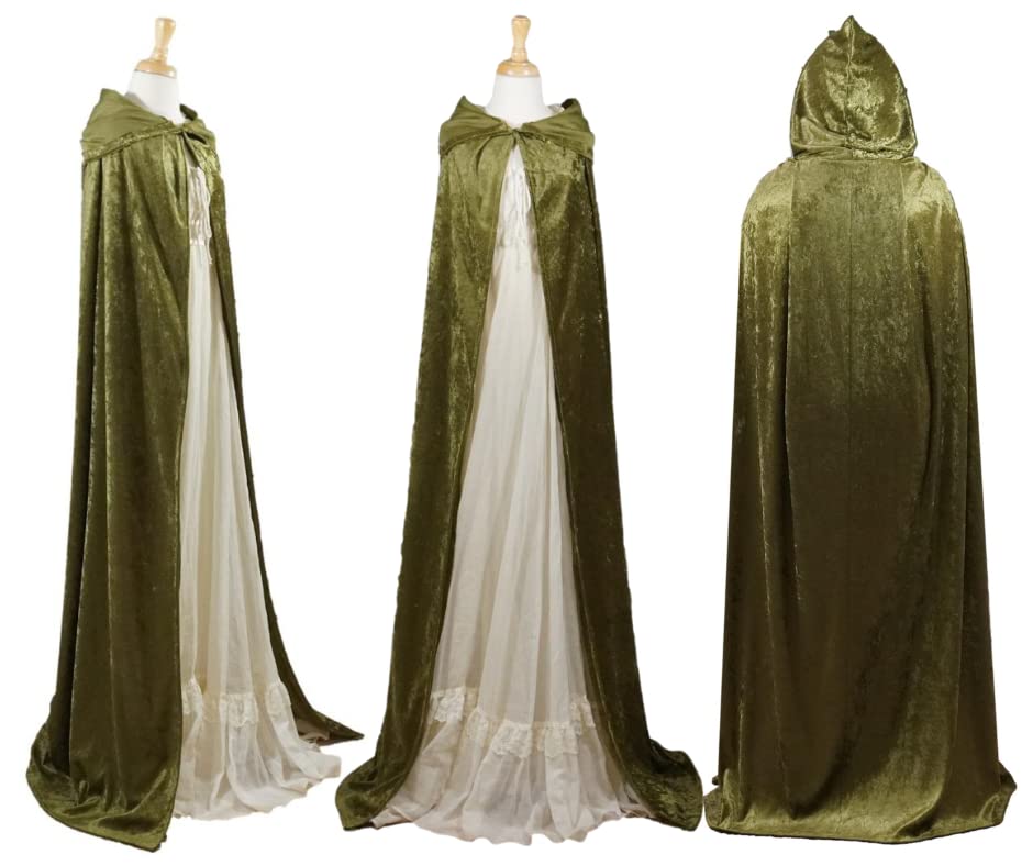 Olive Crushed Velvet Full Length Hooded Cape for All Sizes