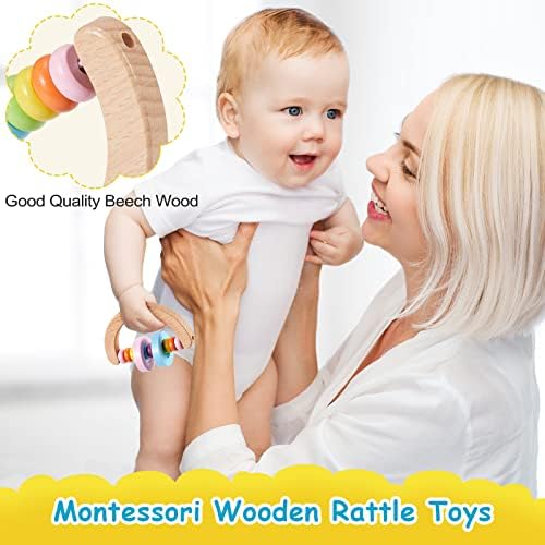 Chivao 4 Pcs Wooden Baby Rattle Set
