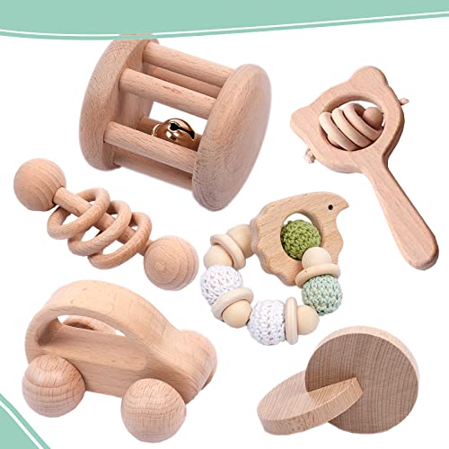 6 Pieces Wooden Baby Rattle Toy Set for 0-6 Months
