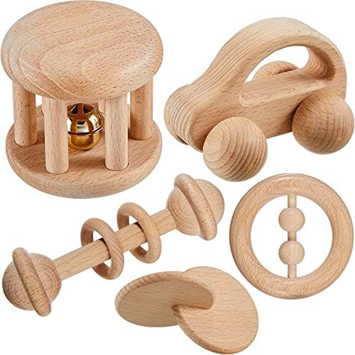 Zhanmai 5-Piece Wooden Baby Toys with Bells and Rattles